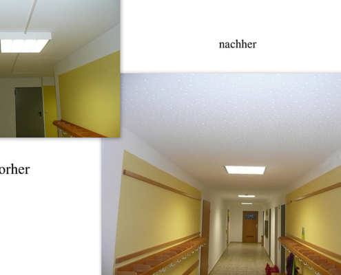 Akustikdecke, Schallschutz, Trockenbau, Vorher - Nachher, Kindergarten